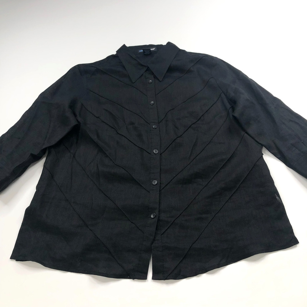 Saint Tropez West Plus 1X 100% Linen Long Sleeve Shirt Black Textured Stripe